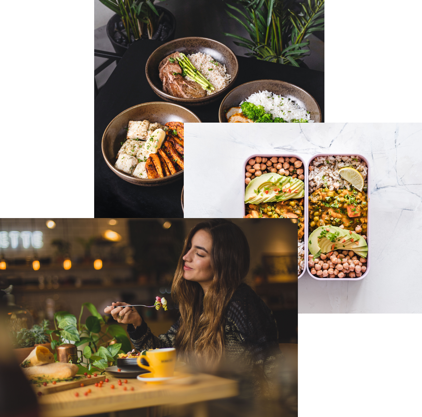 women enjoying food,bowls on table